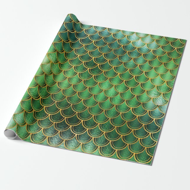 Mermaid Scales Unicorn Metallic Emerald Gold Green Wrapping Paper (Unrolled)
