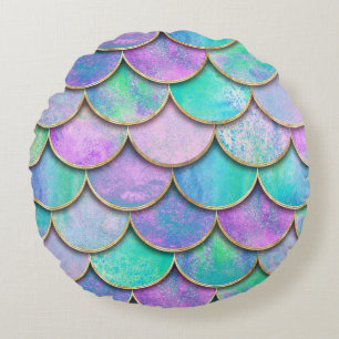 Mermaid scales: watercolor wave pattern. round cushion