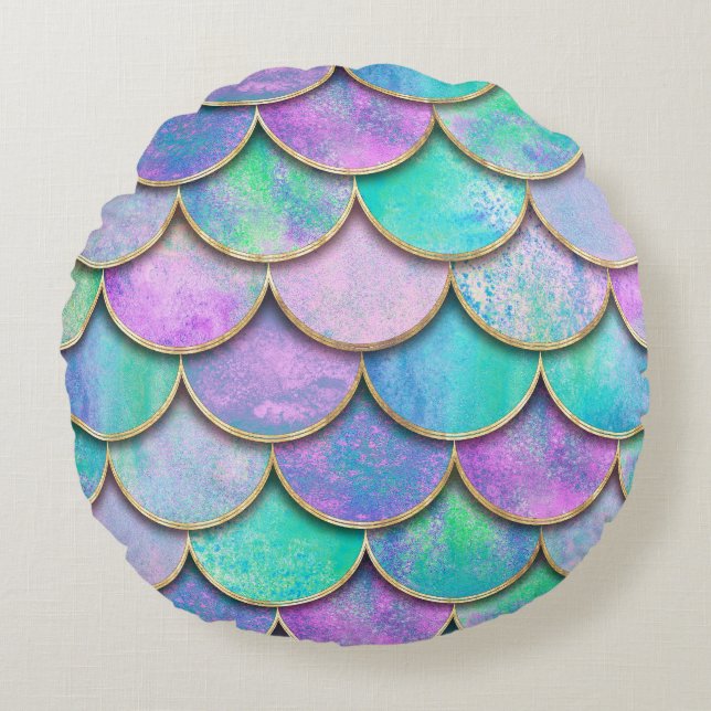 Mermaid scales: watercolor wave pattern. round cushion (Front)