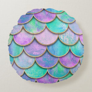 Mermaid scales: watercolor wave pattern. round cushion