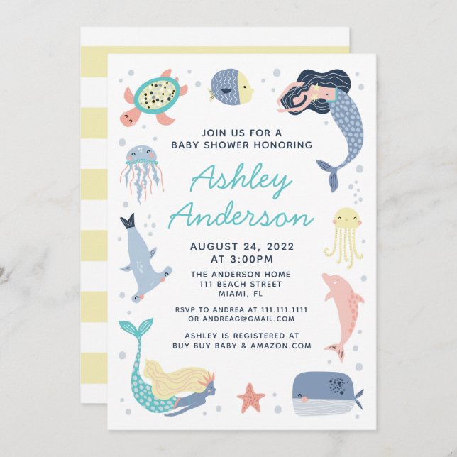 Mermaid Sea Animals Baby Shower Invitation (Front/Back)