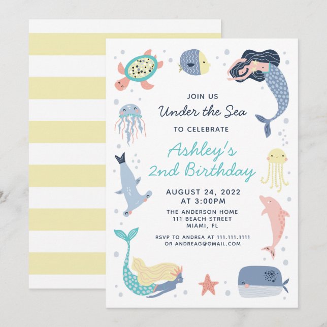 Mermaid Sea Animals Birthday Party Invitation (Front/Back)
