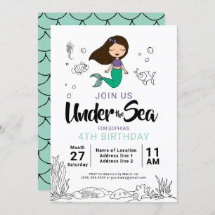 Mermaid Sea Creature Party Black Mermaid Cartoon Invitation