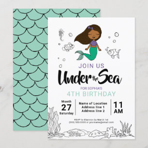 Mermaid Sea Creature Party Black Mermaid Cartoon Invitation