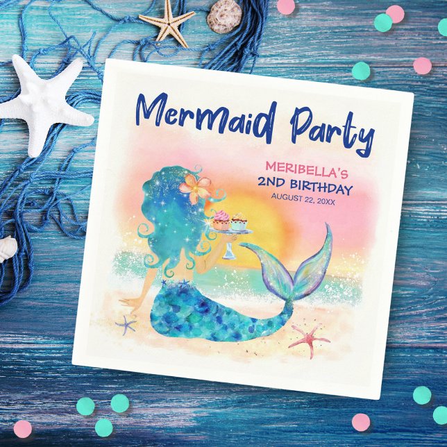 Mermaid Sea Cupcake Tropical Beach Girl's Birthday Napkin (Creator Uploaded)