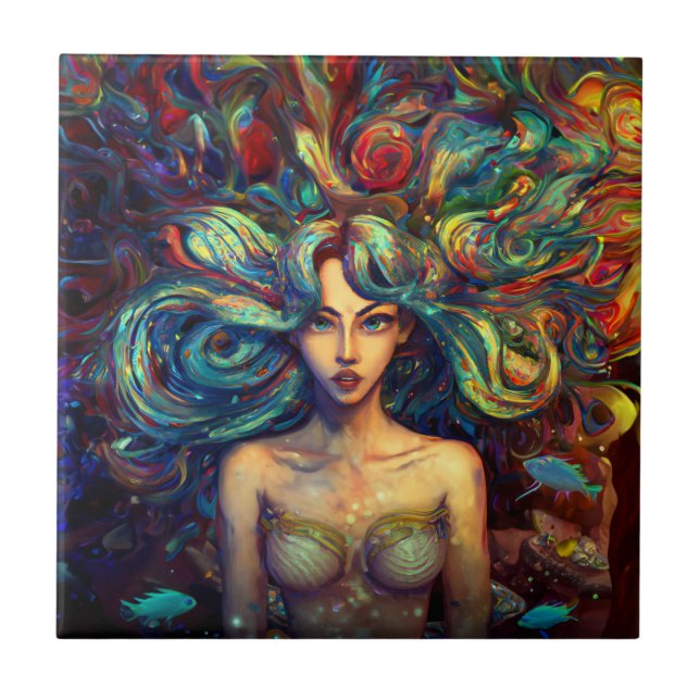 Mermaid Sea Goddess Nymph Siren Underwater Art Tile (Front)