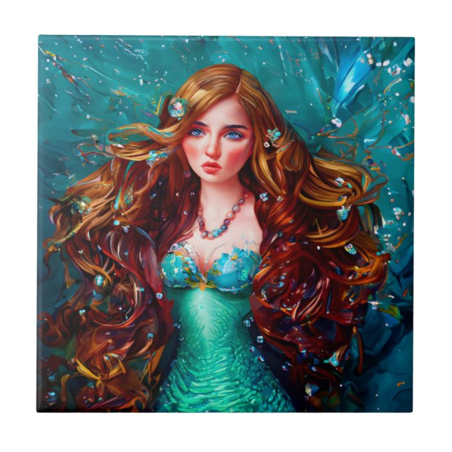 Mermaid Sea Goddess Nymph Siren Underwater Art Tile (Front)