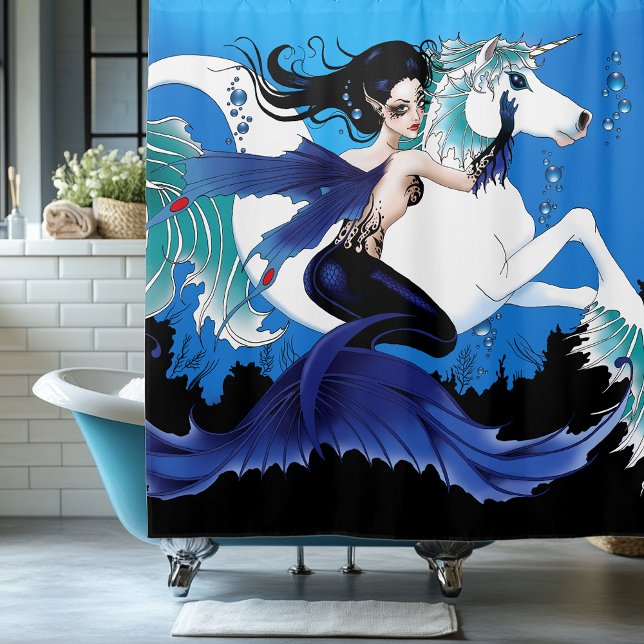 Mermaid Sea Horse Fairy Blue Shower Curtain (Creator Uploaded)
