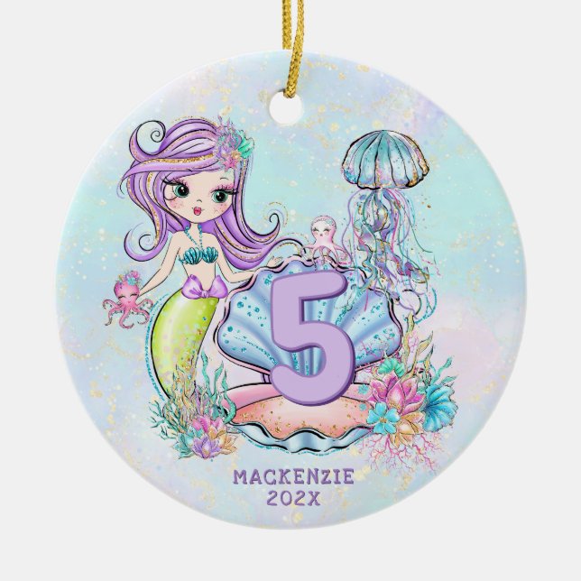 Mermaid Sea Life | Birthday Party with Custom Age Ceramic Tree Decoration (Front)