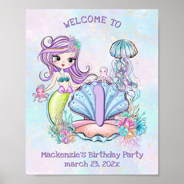 Mermaid Sea Life | Birthday Party with Custom Age Poster (Front)