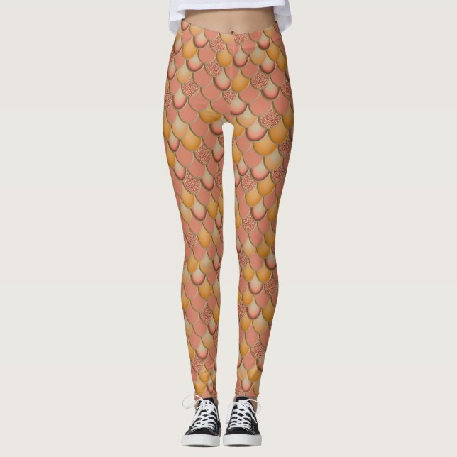 Mermaid Sea Orange Red Scales Leggings (Front)