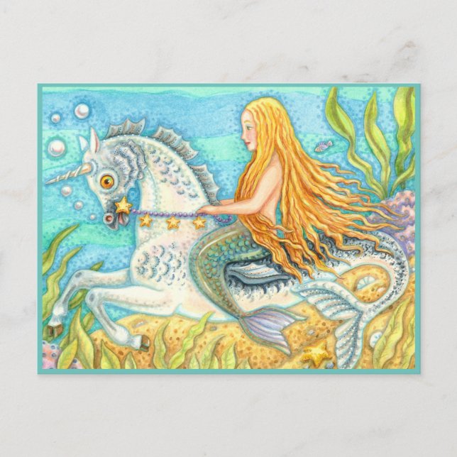 MERMAID & SEA STALLION, WHIMSICAL FANTASY UNICORN POSTCARD (Front)