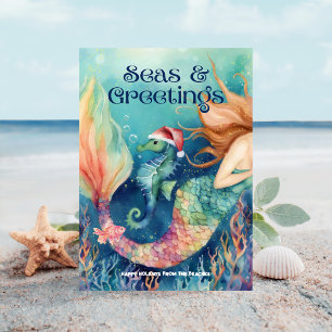 Mermaid & Seahorse Santa Beach Christmas Holiday Card