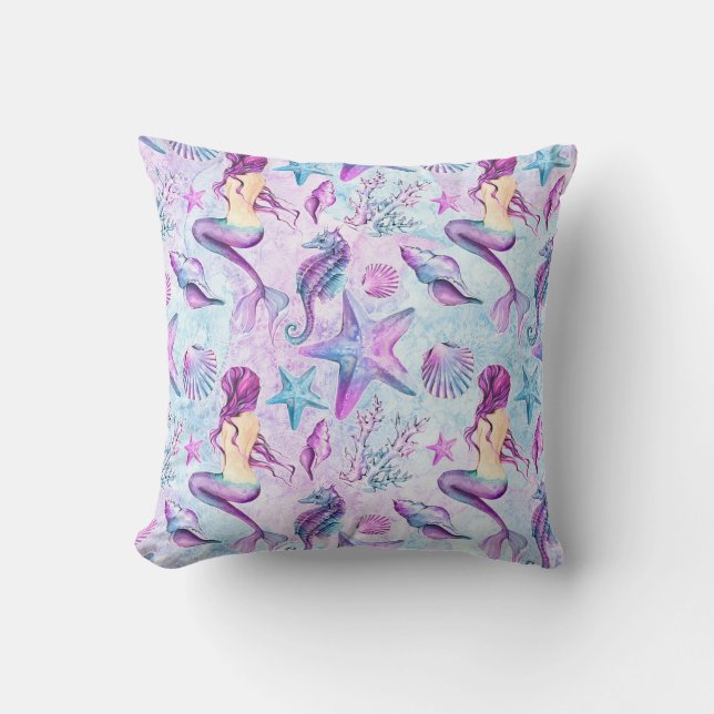 Mermaid Seahorse Starfish Lavender & Aqua Blue Cushion (Front)