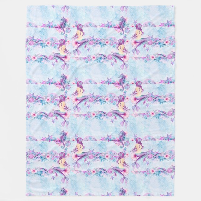 Mermaid Seahorse Starfish Lavender & Aqua Blue Fleece Blanket (Front)