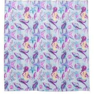 Mermaid Seahorse Starfish Lavender & Aqua Blue Shower Curtain