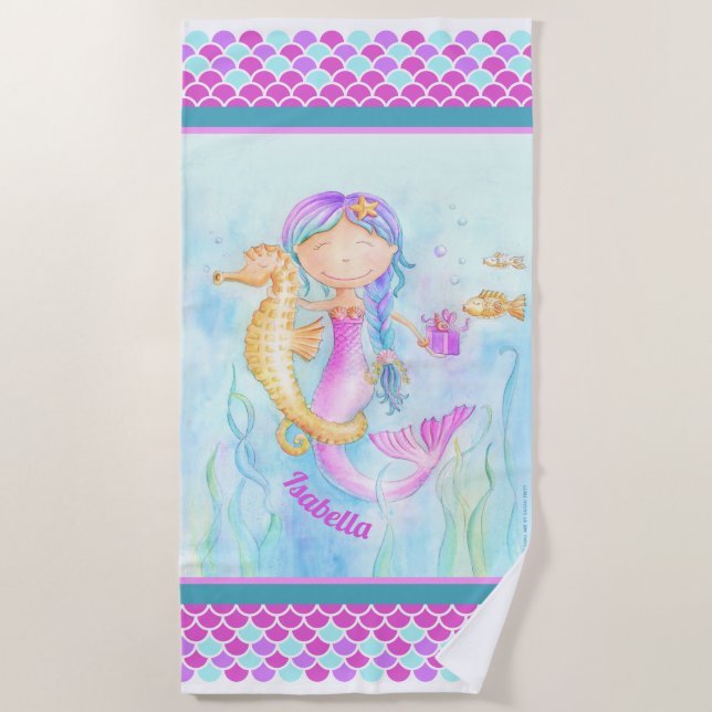 Mermaid seahorse watercolor art custom name beach towel (Front)