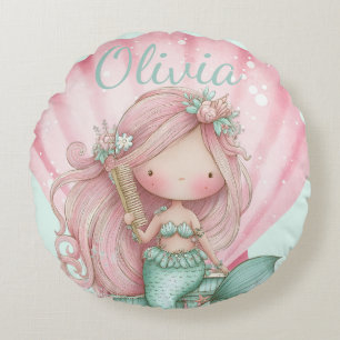 Mermaid Seashell Lovers Name Round Cushion