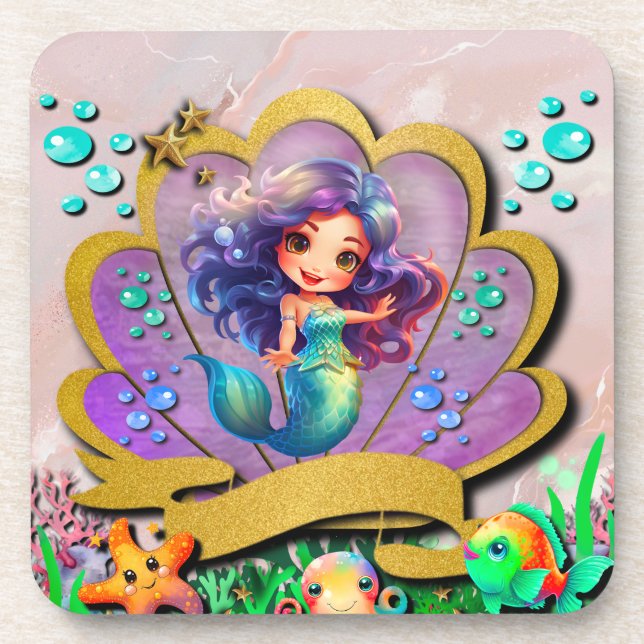 Mermaid, Seashell, Sea Animals Friends, Coral Reef Coaster (Front)