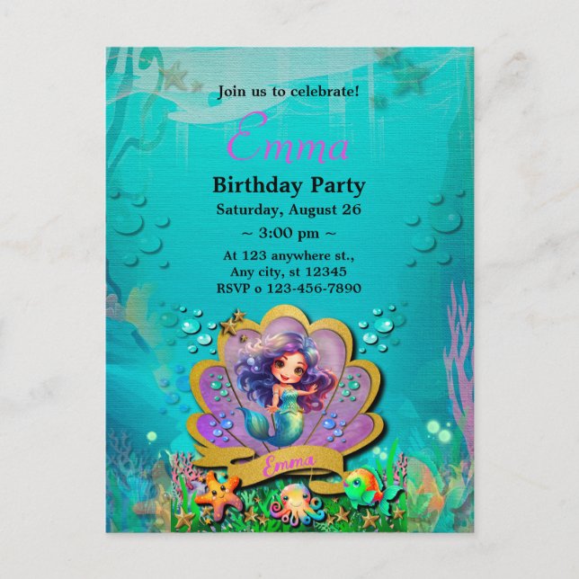 Mermaid, Seashell, Sea Animals Friends, Coral Reef Invitation Postcard (Front)