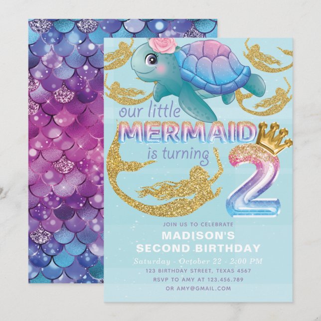 Mermaid Second Birthday Pink Blue Gold Glitter Invitation (Front/Back)