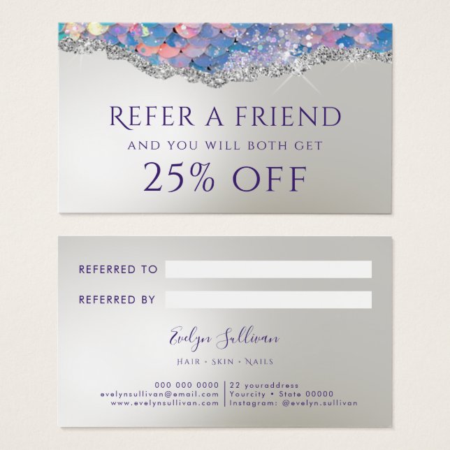 Mermaid sequin faux foil referral card (Front & Back)