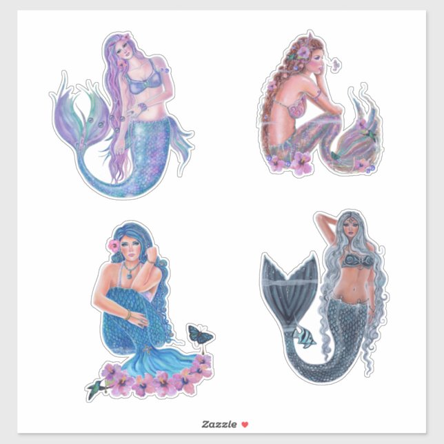 Mermaid set of 4 stickers by Renee Lavoie (Sheet)