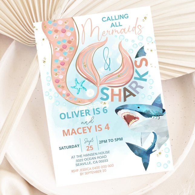 Mermaid Shark Birthday Invitation Joint Birthday (Mermaid and Shark Birthday Invitation. Perfect invitation for pool parties, beach parties and more)
