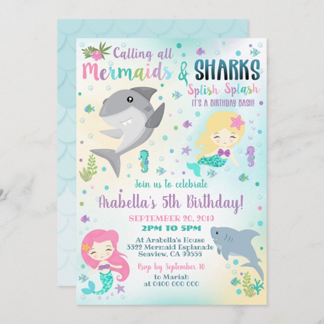 Mermaid Shark Invitation Boy Girl Invitation (Front/Back)