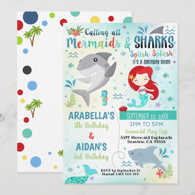 Mermaid Shark Invitation Sibling Birthday Joint (Front/Back)