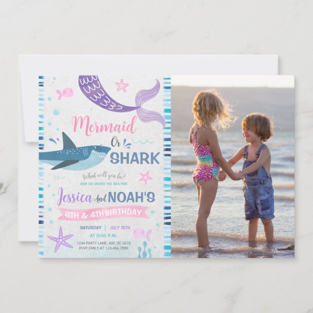 Mermaid & Shark Joint Birthday Photo Invitation (Front)