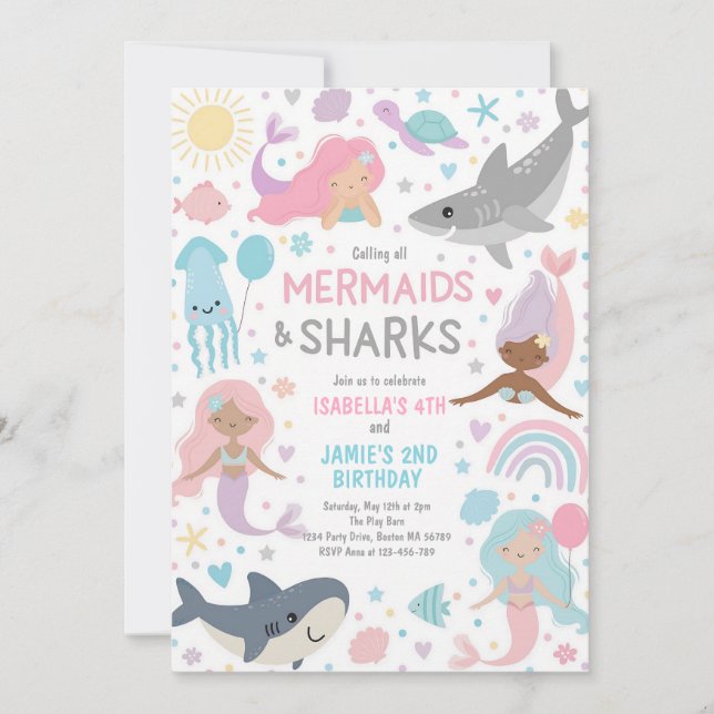 Mermaid Shark Sibling Joint Birthday Invitation (Front)