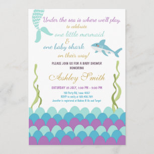 Mermaid Shark Under The Sea Twins Baby Shower Invitation
