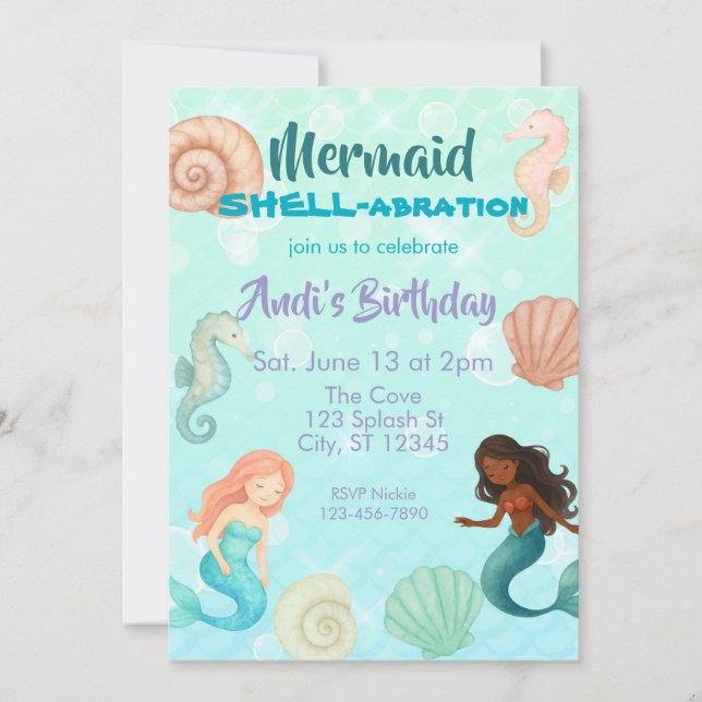 Mermaid SHELL-abration, Watercolor Birthday Invitation (Front)