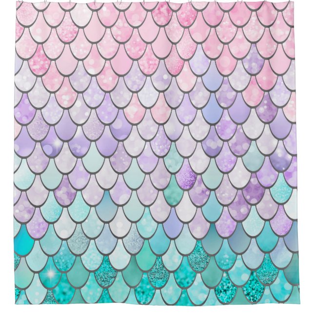 Mermaid Shower Curtain, Pastel, Pink, Purple, Teal Curtain (Front)