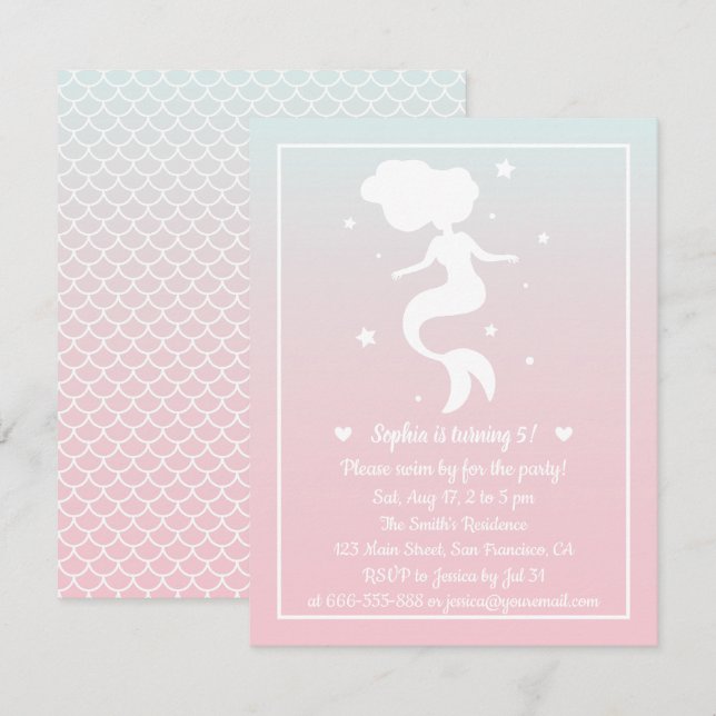 Mermaid Silhouette Girls Ombre Birthday Party Invitation (Front/Back)