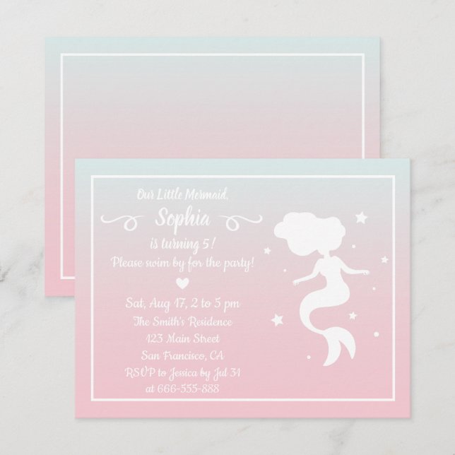Mermaid Silhouette Pink Blue Ombre Birthday Party Invitation (Front/Back)