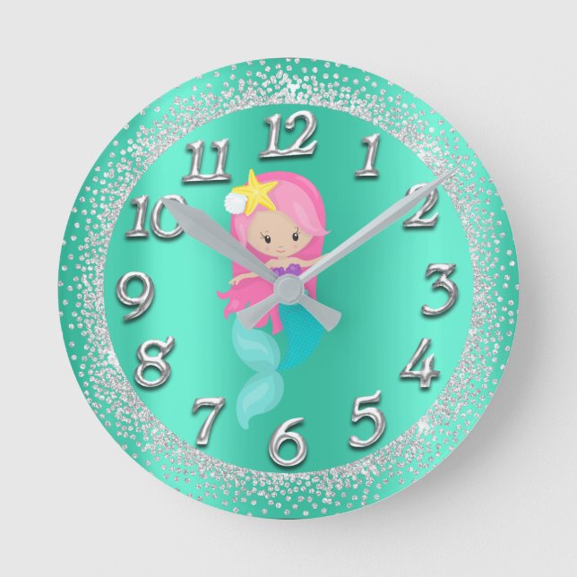 Mermaid Silver Aqua Crystals Confetti Glitter Pink Round Clock (Front)