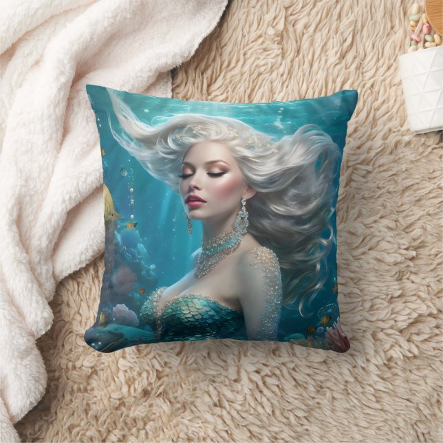 Mermaid Silver Hair Turquoise Ocean Cushion (Blanket)