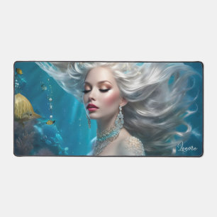 Mermaid Silver Hair Turquoise Ocean Desk Mat
