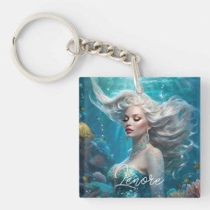 Mermaid Silver Hair Turquoise Ocean Key Ring