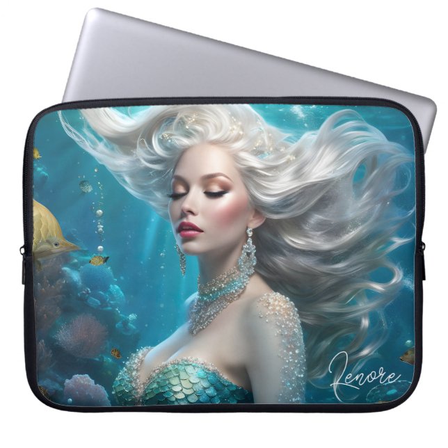 Mermaid Silver Hair Turquoise Ocean Laptop Sleeve (Front)