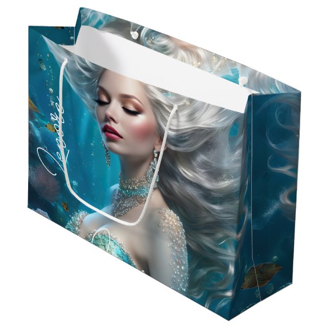 Mermaid Silver Hair Turquoise Ocean Large Gift Bag (Front Angled)