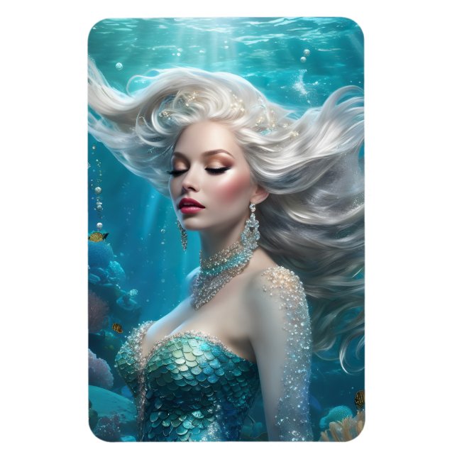 Mermaid Silver Hair Turquoise Ocean Magnet (Vertical)