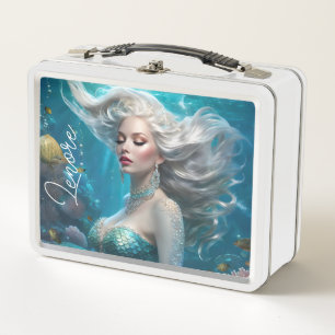 Mermaid Silver Hair Turquoise Ocean Metal Lunch Box
