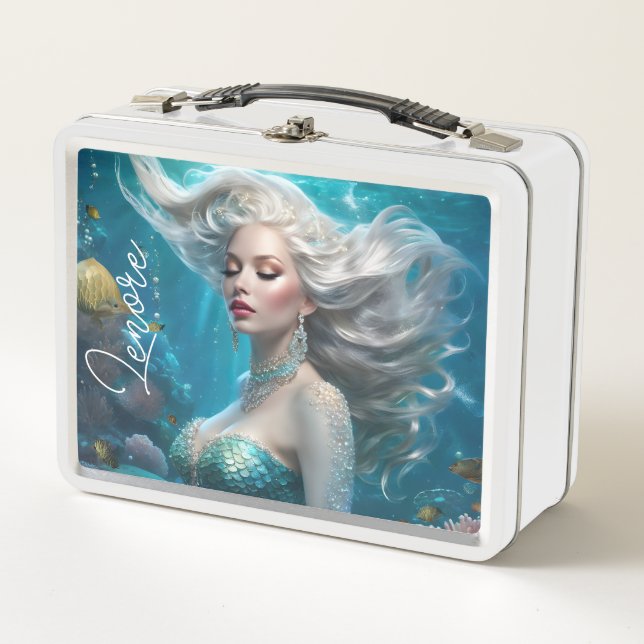 Mermaid Silver Hair Turquoise Ocean Metal Lunch Box (Front)