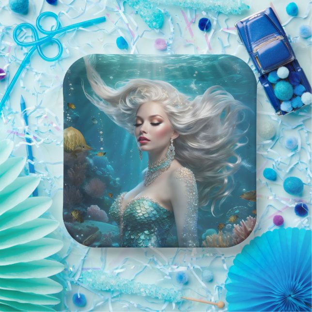 Mermaid Silver Hair Turquoise Ocean Paper Plate (Party)