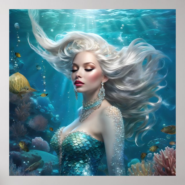 Mermaid Silver Hair Turquoise Ocean Poster (Front)