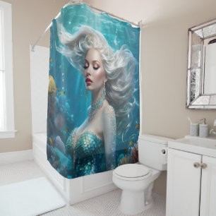 Mermaid Silver Hair Turquoise Ocean Shower Curtain