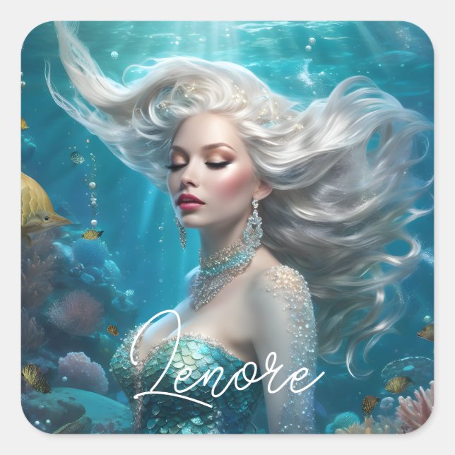 Mermaid Silver Hair Turquoise Ocean Square Sticker (Front)